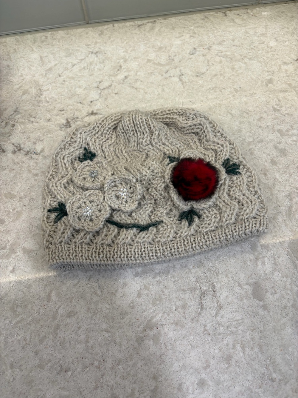 Beige Cable Knit Floral Beanie with Faux Fur Accent